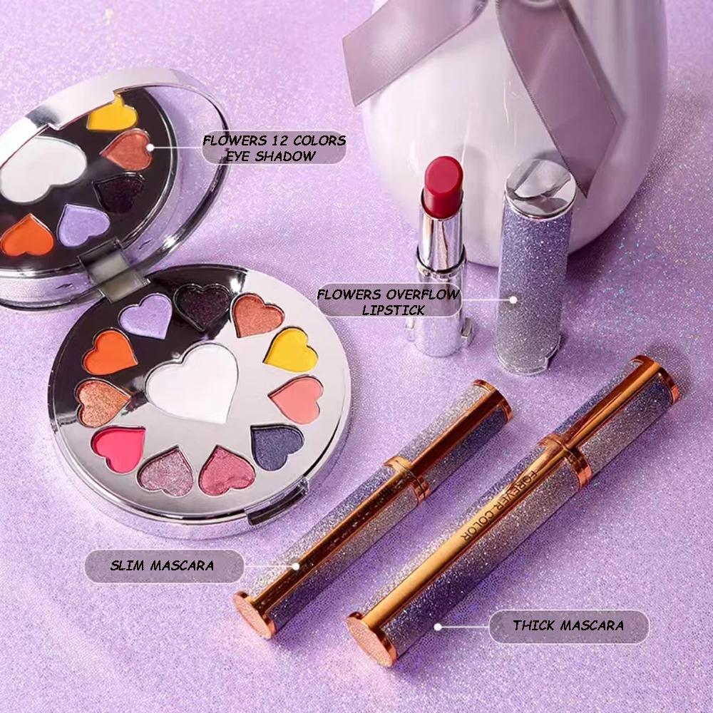 Set per il trucco Scatola Rossetto Tavolozza di ombretti a 12 colori Mascara arricciante naturale Set da 4 pezzi Confezione regalo Cosmetici di bellezza