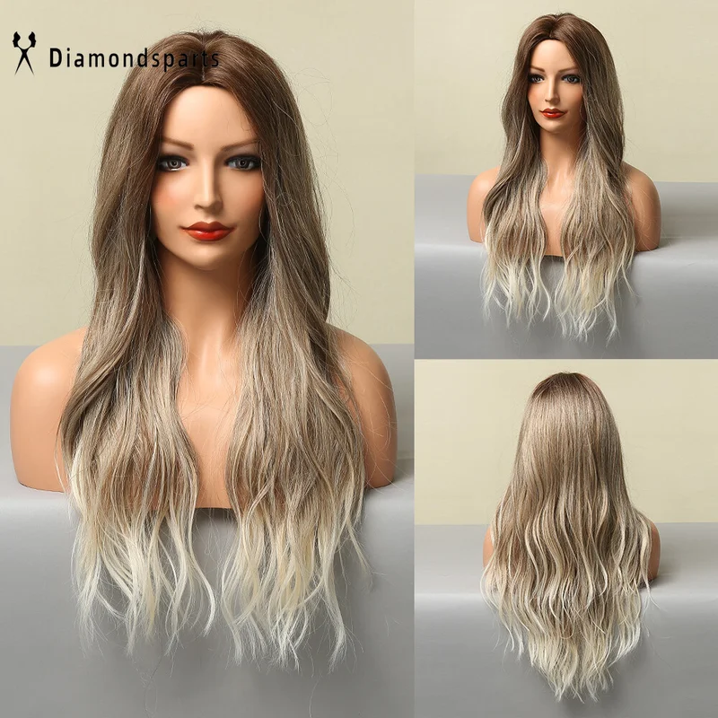 

Wavy Curly Long Ombre Brown Light Blonde Synthetic Party Wigs Women Daily Hair