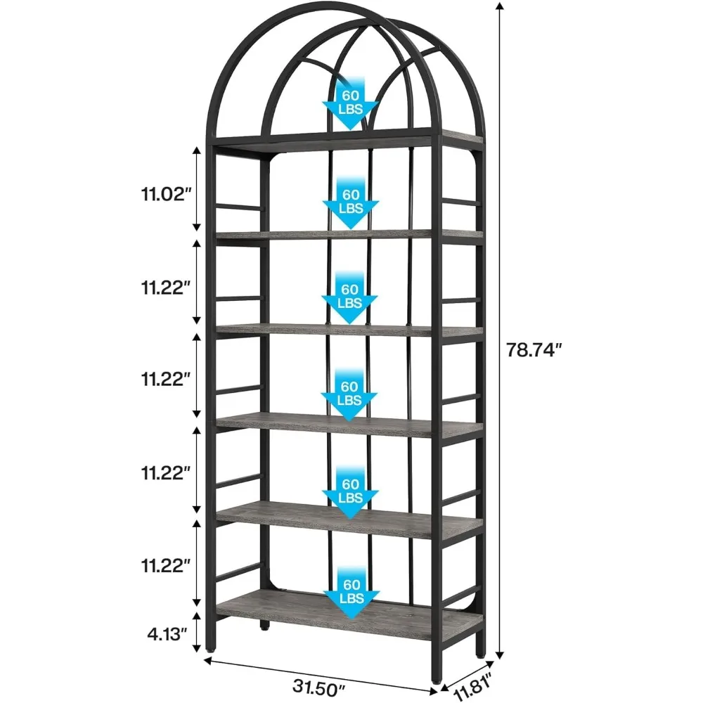 높이 아치형 책꽂이 세트, 산업용 금속 오픈 책장 및 책꽂이, 회색, 2 개, 2 단, 6 단, 78.7 인치
