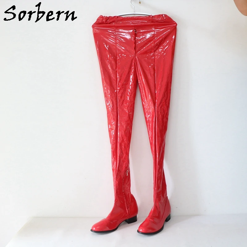 

Sorbern Flat Heel Pant Boots Round Toe Unisex Crotch Thigh High Boots Stretched Crossdresser Square Heels Boot Custom Leg Size