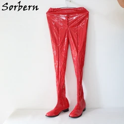 Sorbern stivali con tacco piatto stivali punta tonda Unisex cavallo stivali alti alla coscia allungato Crossdresser tacchi quadrati stivale misura gamba personalizzata