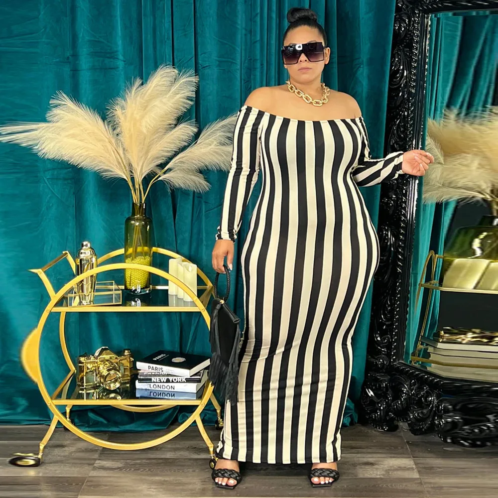 Cheap Women Plus Size Maxi Dresses 2023 New Summer Casual Elegant Off Shoulder Long Sleeve Print Stripe Bodycon Holiday Clothing