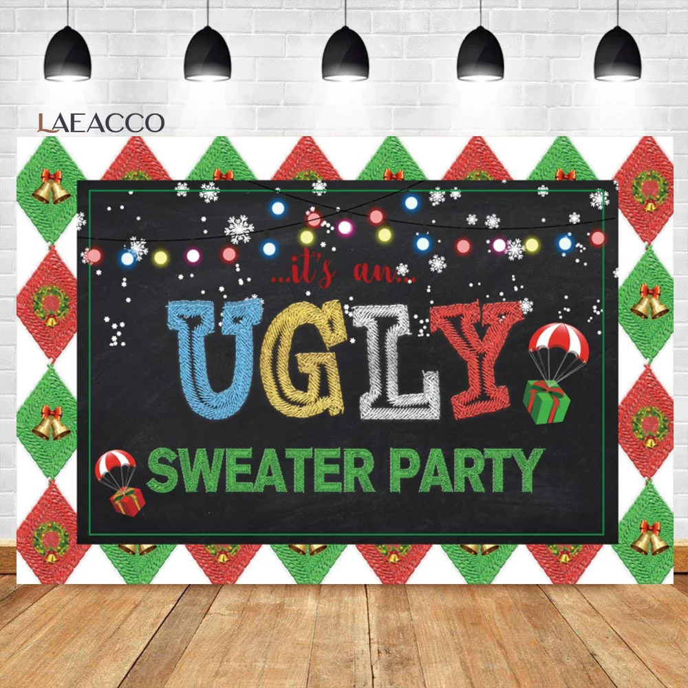 Laeacco คริสต์มาสน่าเกลียดเสื้อกันหนาว Party Photocall สีดำพื้นหลังหิมะ Baby ภาพโปสเตอร์ที่กำหนดเองการถ่ายภาพฉากหลัง