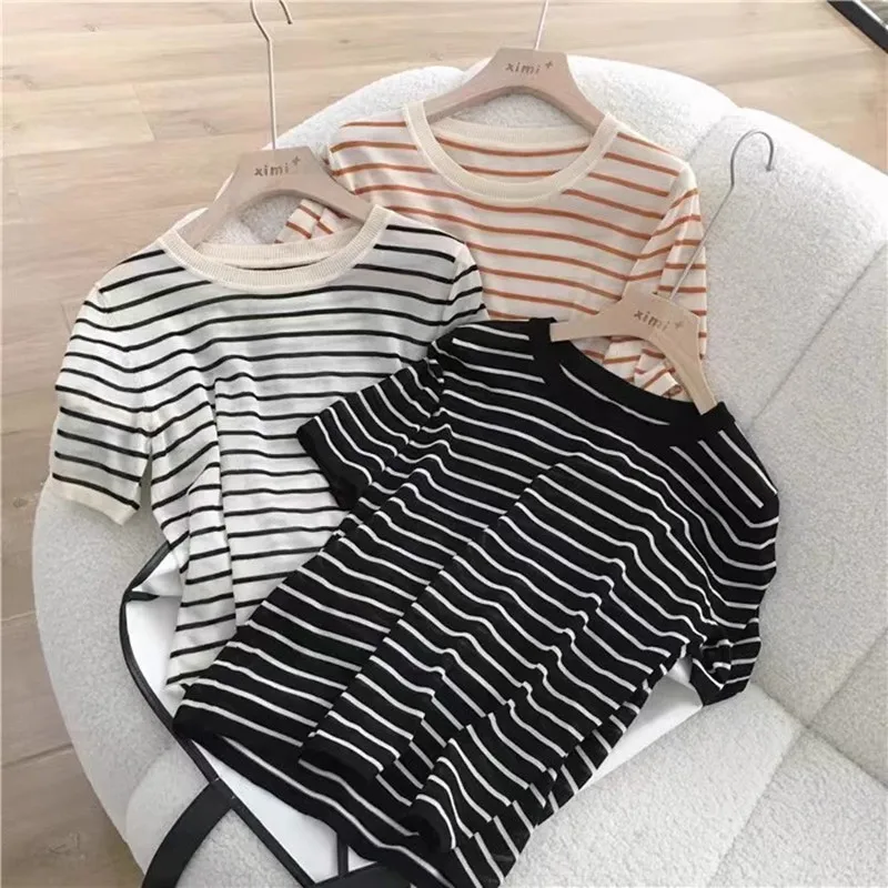 Women's T-Shirt Summer 100% Cotton Sweater Short Sleeve Striped Knitted Round Neck Ladies Tops Loose Blouse Pullover Tees