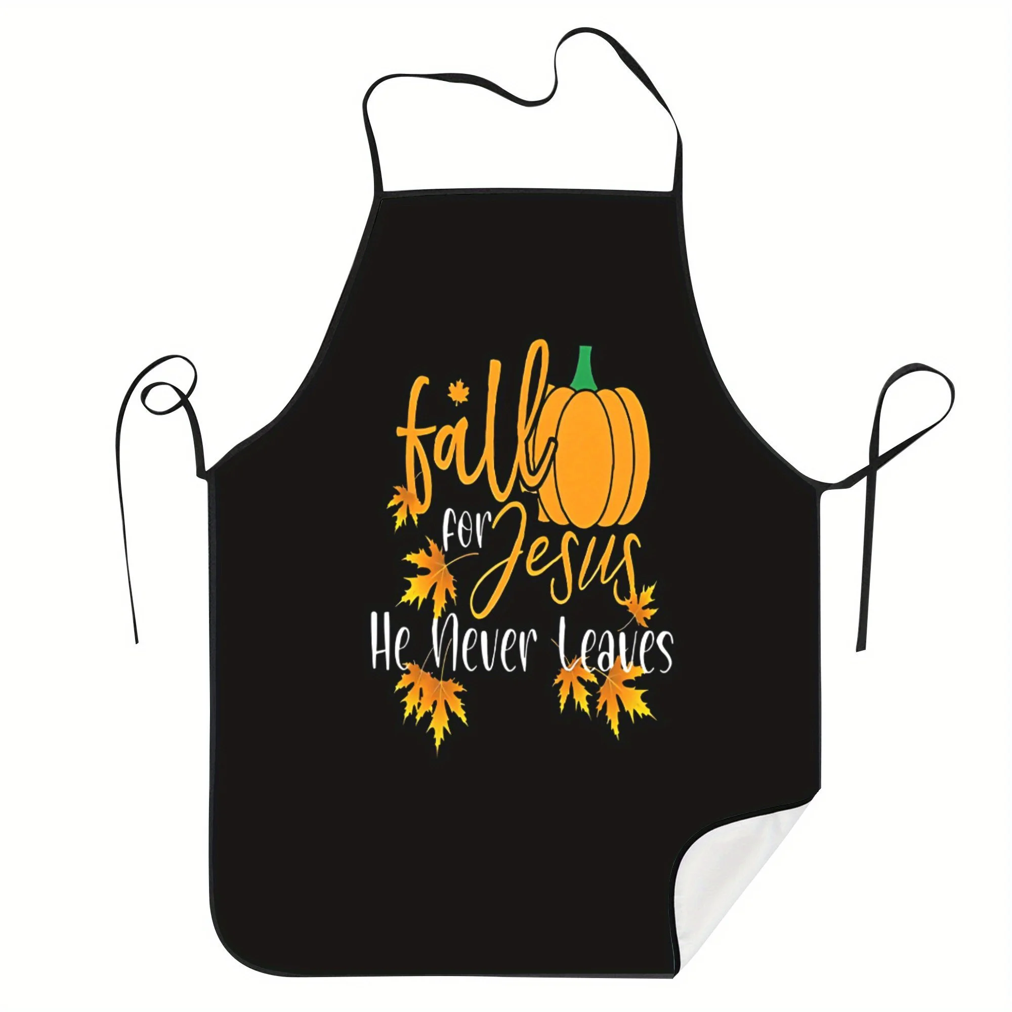 Fall for Jesus He Never Leaves Inspirational Cooking Apron Black with Orange Pumpkin Autumn Leaves Print One Size Kitchen