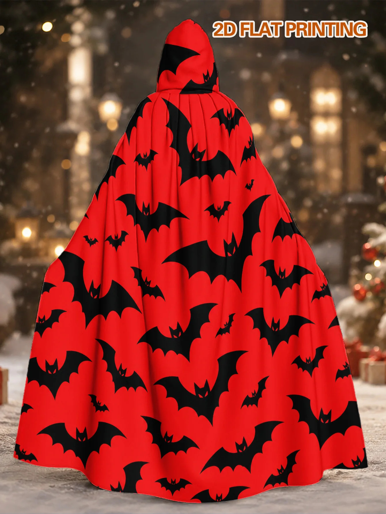 1pc Adult Hooded Bat Cape Costume Red with Black Bat Print Hooded Cloak Loose-Fit Long Polyester Bat Wing Cape