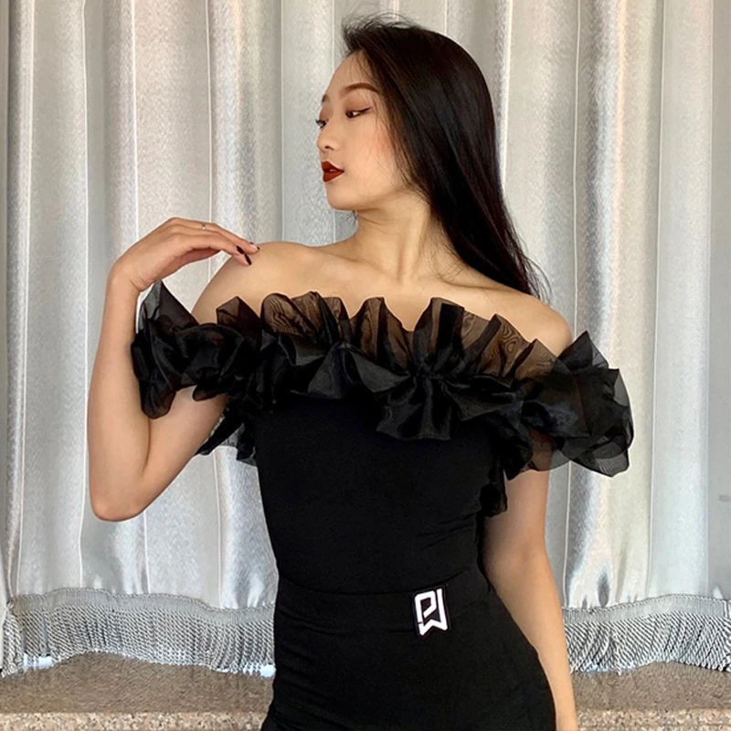 New Latin Dance Tops Black Mesh Ruffled Off Shoulder Leotard Adult Ballroom Dance Performance Costume Club Dance Wear BL8957