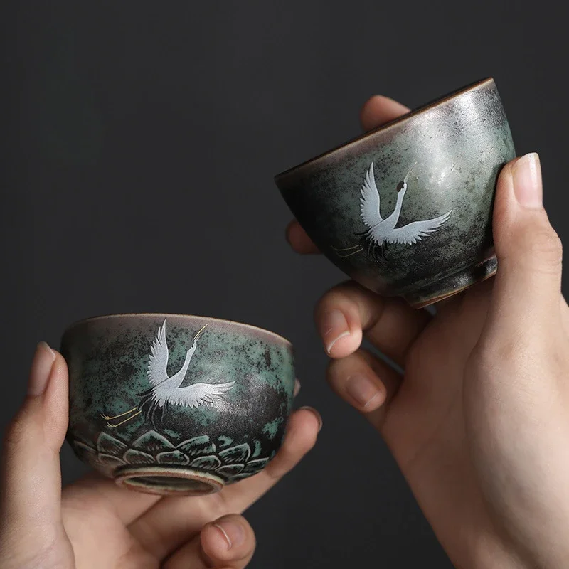 Handmade Crane Teacup Rustic Pottery Kiln Transformation Ceramic Tea Cup Gongfu Tea Set Chinese Style