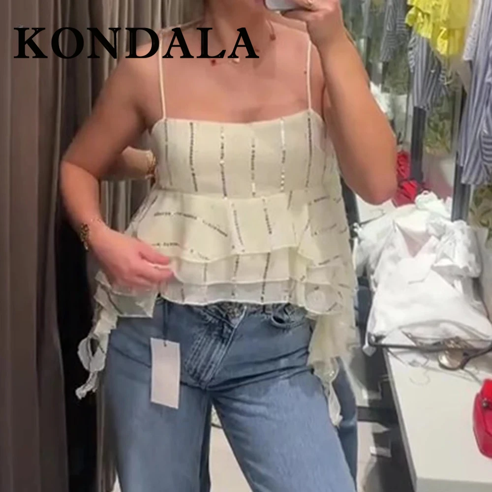 

KONDALA Chic 2025 Sequin Holiday Beach Woman Folds Suit Short Camisole Top+Single Sarong Breasted Long Skirt Summer Female Set
