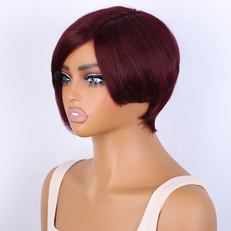 100% Real Ready To Wear Short Pixie Cut Wigs Straight Bob Remy Brazilian Hair Wigs 99J Red Colored Human Hair Wigs For Women