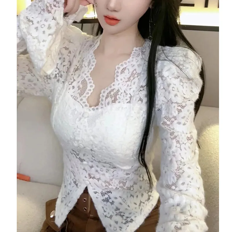 V-collar lace blouse women flared sleeves forked sleeves shirt