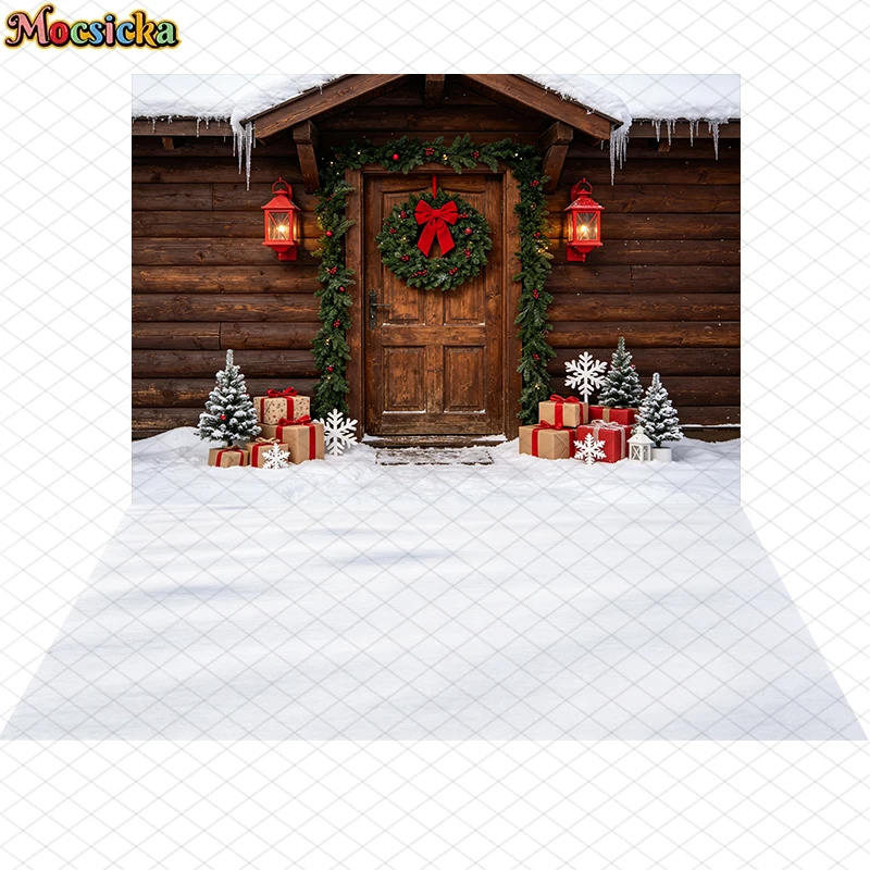 Mocsicka Winter-Weihnachts-Fotografie-Hintergrund, Holzhütte, Schneetür, Briefkasten, Deko, Geschenk, Kinder, Urlaub, Fotokabinen-Requisiten, Banner