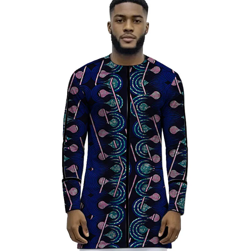 Original Design Men's Collarless Shirts Black Stripe Decorated African Print Couture Party Wear Vintage Style Tops