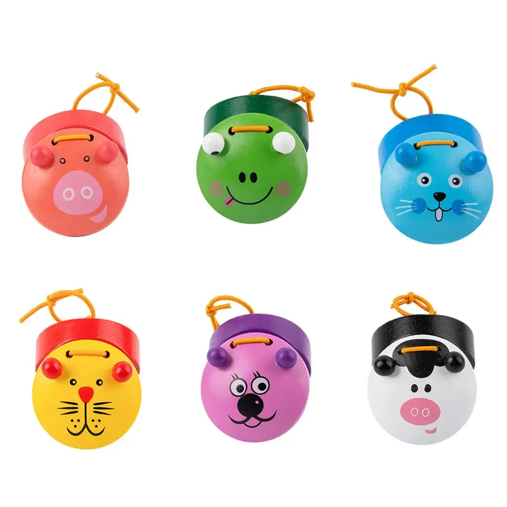 6pcs Wooden Castanets Musical Instruments Early Education Development for Baby Cute Animal Pattern Castanet Musical Instruments