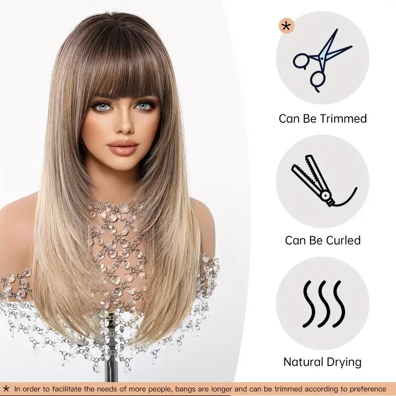 Natural Layered Hair Wigs For Women Daily Party Use Brown Ombre Synthetic Wigs Long Straight Fake Hair With Bangs Heat Resistant image 2