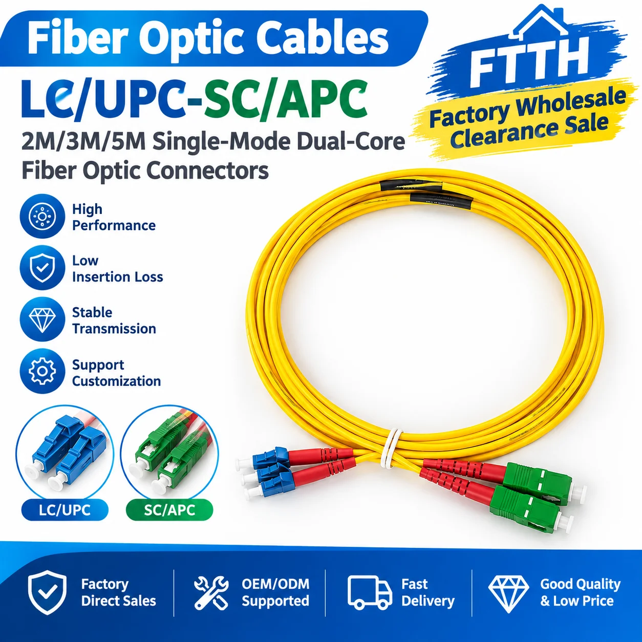 LC/UPC to SC/APC Fiber Optic Patch Cord 2M 3M 5M Single Mode Duplex FTTH Cable Factory Direct Wholesale