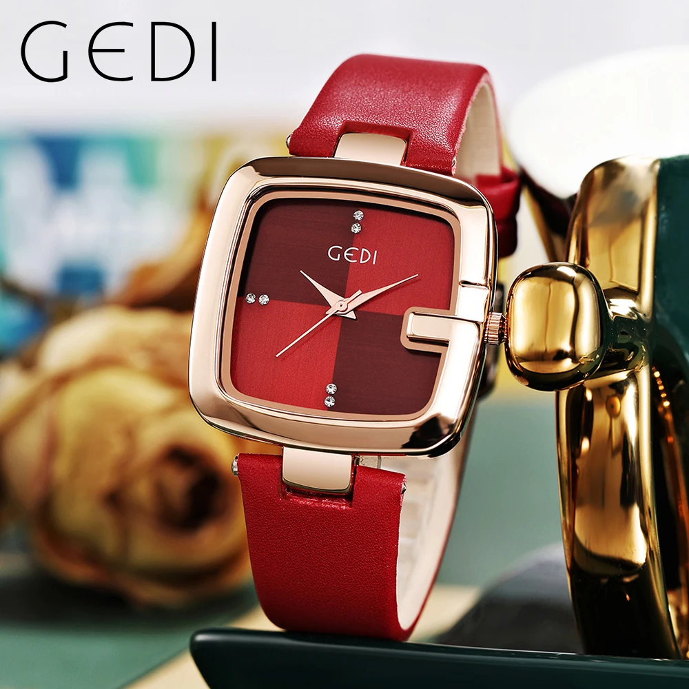 

Fashin Gedi Brand Women Square Clock Minimalist Waterproof Quartz Ladies Clock Brown Leather Casual Simple Female Wrist Watches