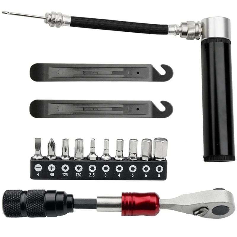 

Набор инструментов для ремонта велосипеда ABVE, многофункциональный набор для велосипеда с мини-насосом, двусторонний дизайн с храповым механизмом для кемпинга и путешествий