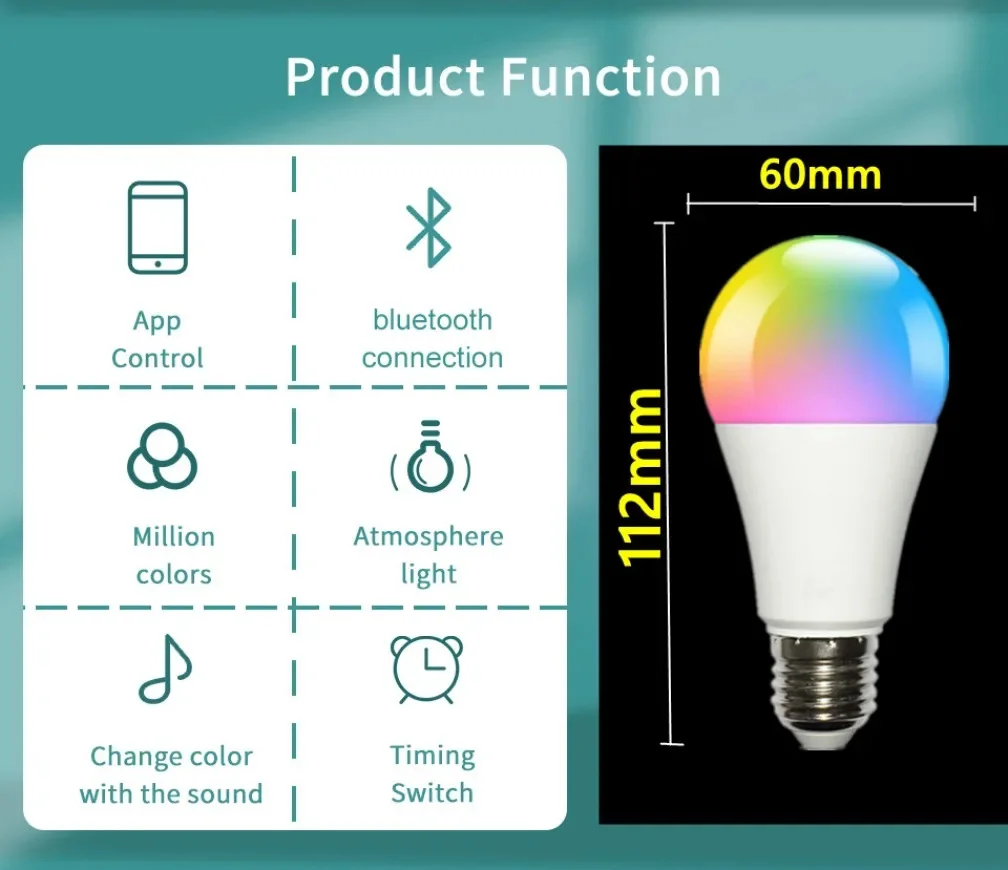 ワイヤレスLED電球,Bluetooth,スマート,Tuyaアプリケーション制御,調光可能,15W,rgb,cw,ww,iOSおよびAndroidと互換性あり