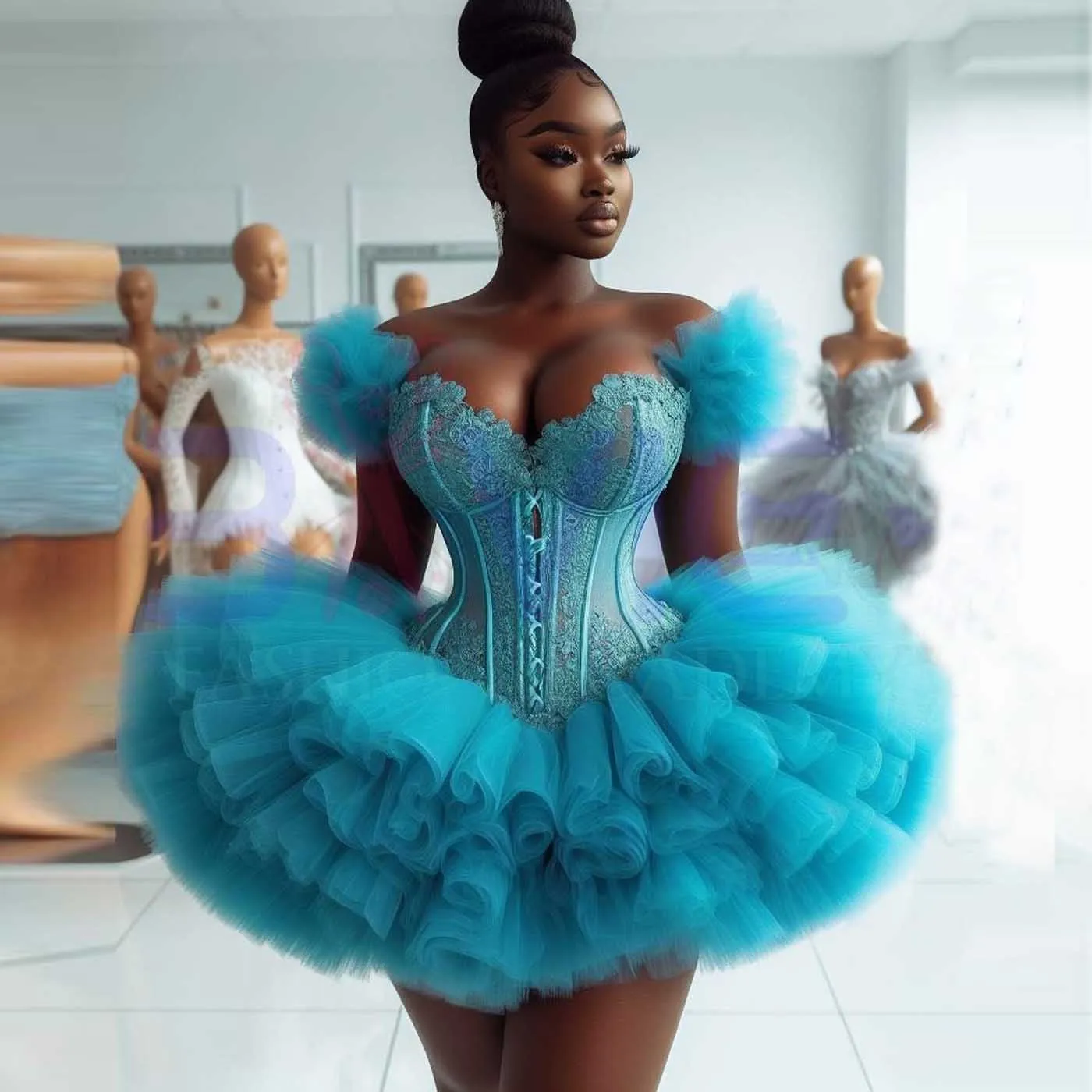 Robes de Rhcourtes africaines en tulle gonflé bleu ciel pour filles, hors des appliques de dentelle initiées, robe de soirée Aso Ebi, mini robe de