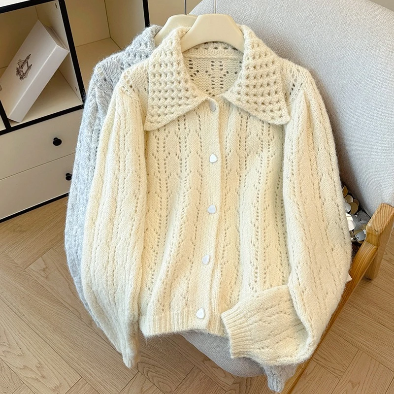 

Seoulish Autumn Winter Single Breasted Hollow Out Knitted Women's Cardigan Long Sleeve Turn-down Collar Loose Sweater Female