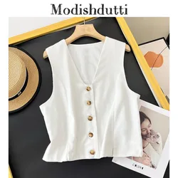 Modishdutti 2024 Summer High Quality Fashion Women Button Solid Blazer Vest Office Lady Simple Tank Tops Female