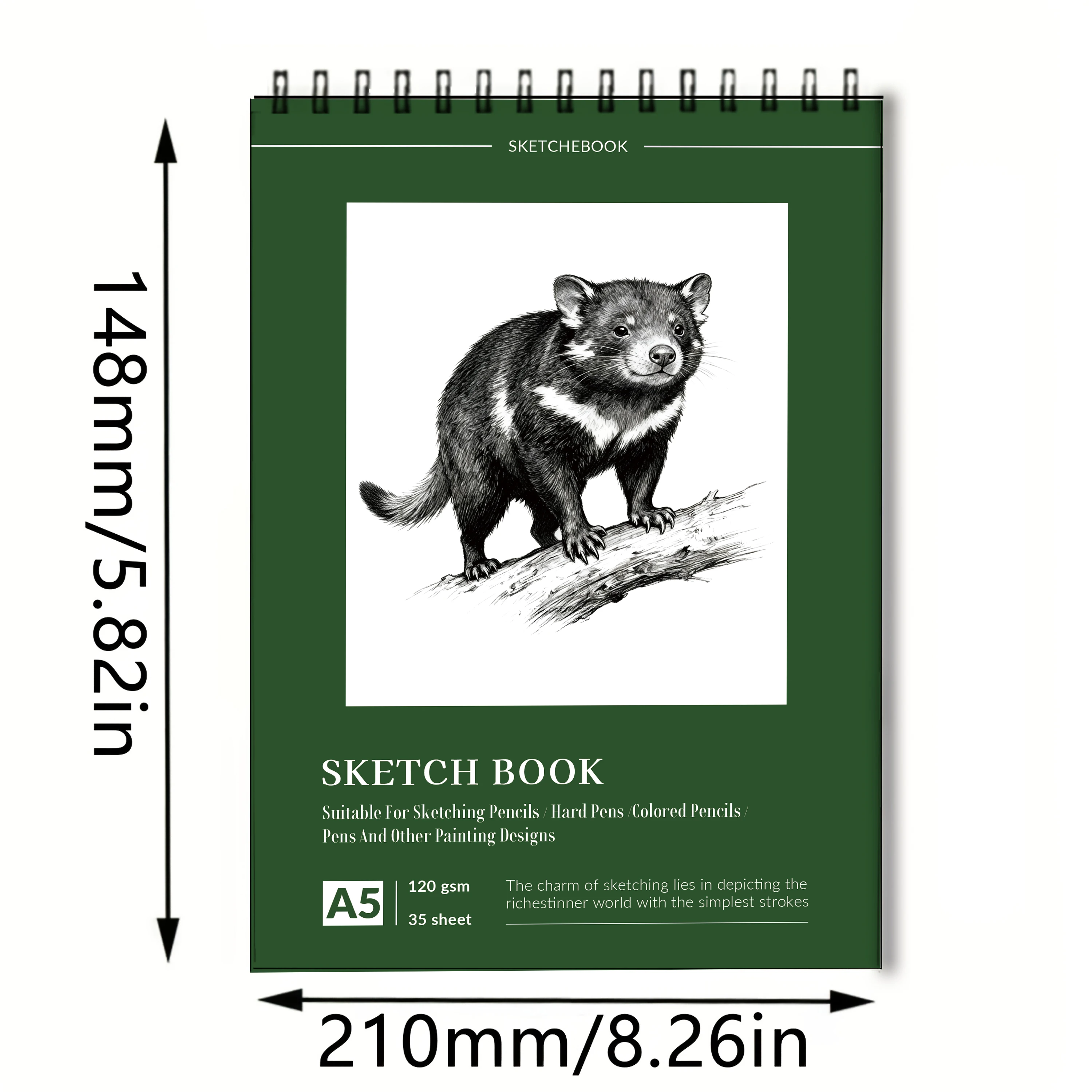 A5 Spiral-Bound Art Sketchbook, Tasmanian Devil Cover Drawing Pad, 35 Sheets (120gsm) Acid-Free Paper, Ideal for Pencil, Charcoa