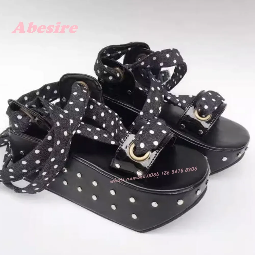 Red Lace Up Platform Sandals Thick Soled Open Toe Hole Threading Rope Rivet Women\'s Sandals Glossy Slingback Stud Lolita Shoes