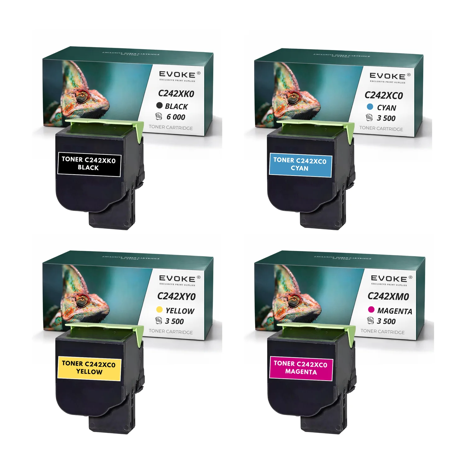 Evoke compatibele toner voor Lexmark C242Xk0 C242Xc0 C242Xm0 C242Xy0 4X Cmyk: Zwart, Cyaan, Magenta, Geel 16500 pagina's C2425Dw C2535Dw; Mc2425Adw Mc2535Adwe Mc2640Adwe