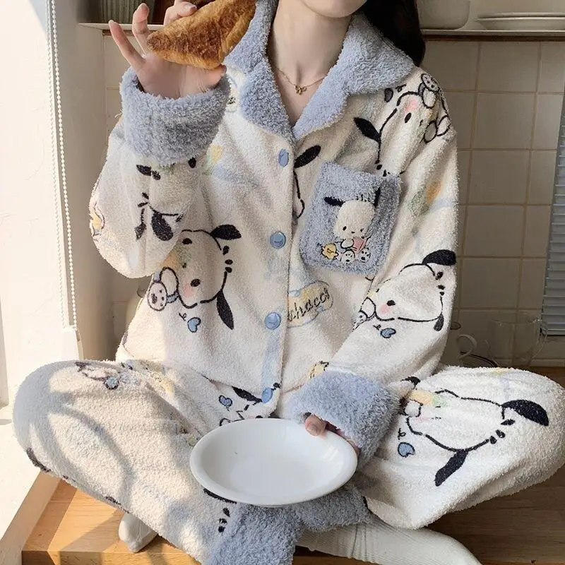 

Sanrio Pochacco женский плюшевый кардиган пижамный комплект зима-осень на флисовой подкладке утолщенная милая домашняя одежда для дома одежда для сна