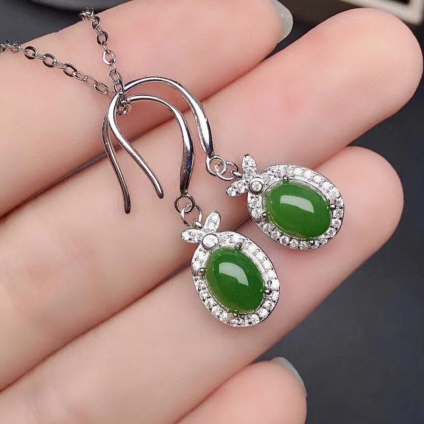 

Elegant 925 Silver Jade Drop Earrings for Party 6mm*8mm 100% Natural Green Jade Hook Earrings Sterling Silver Jasper Eardrop