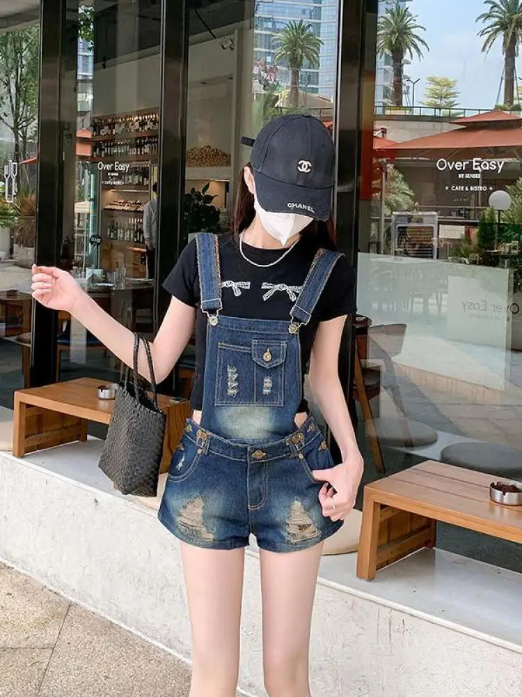 ヴィンテージ女性ブルーデニムスリムホリデーショーツジャンプスーツ夏のレディース多用途ストレートジーンズショートロンパースカジュアルストリートシック