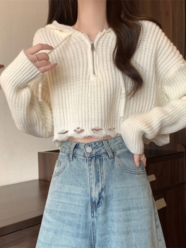 

Women's White Hooded Knitted Sweater f Zip ort Sle Autumn Winter Warm Thiened Casual Loose Fit Hole Design Top