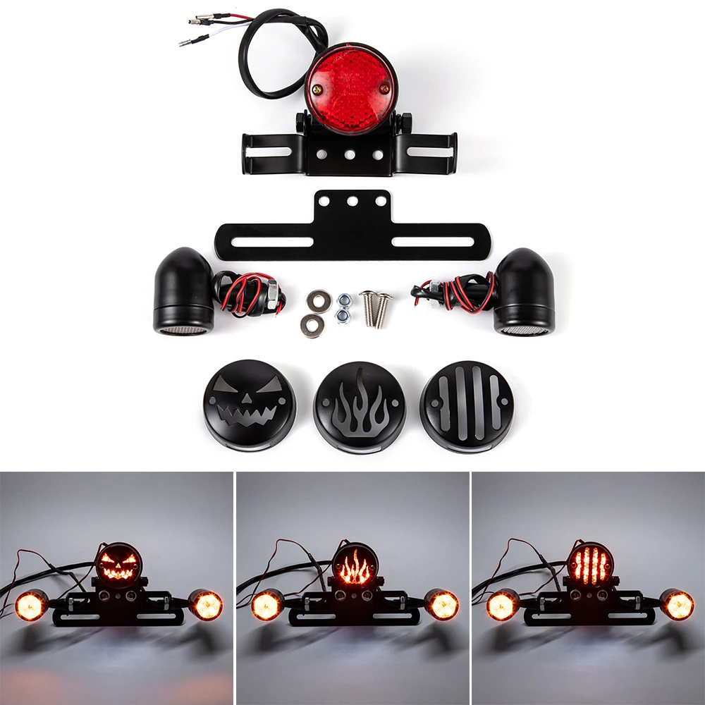 Black Motorcycle Tail Rear Light License Plate Bracket Universal Retro Driving Brake Turn Signal Light Integrated Taillight