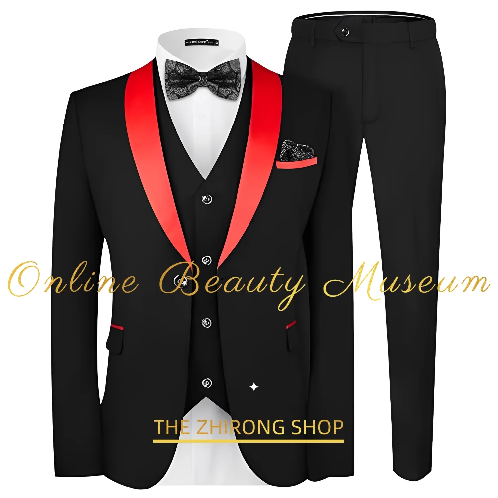 Men's Wedding Suit Slim Fit 3-piece Suit, Jacket Vest Pants, Red Satin Shawl Lapel One Button Closure, Cocktail Party Dress,