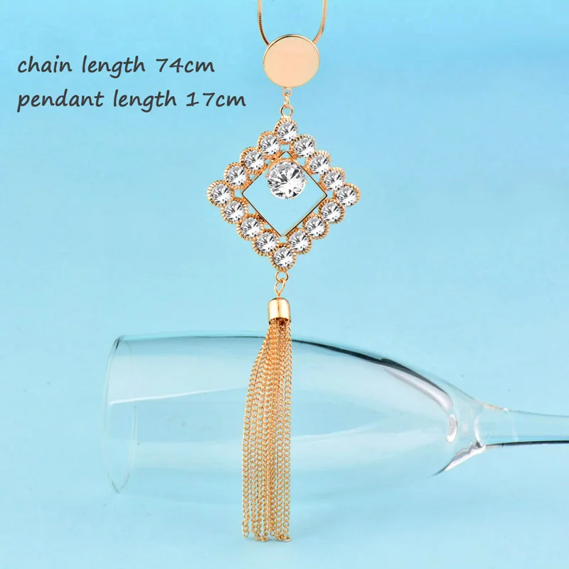 SINLEERY Vintage Hollow Square Rhinestone Long Tassel Pendant Necklaces for Women Jewelry Accessories MY284