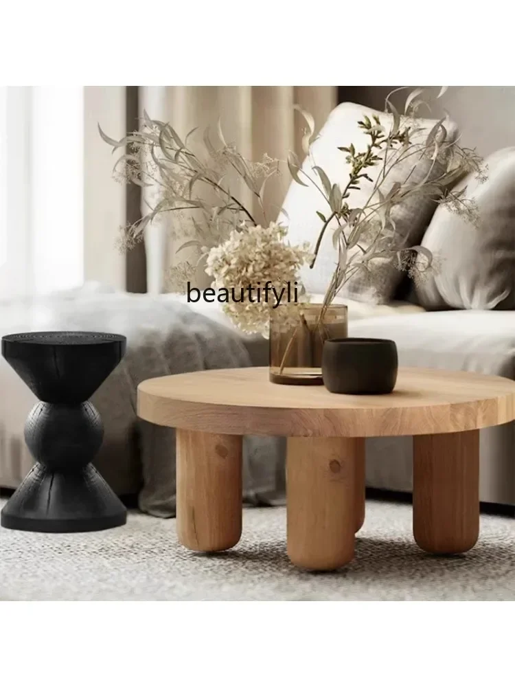 Nordic Style Solid Wood round Coffee Table Small Apartment Home Tea Table Retro B & B Wood a Block of Wood Or Stone Tea Table