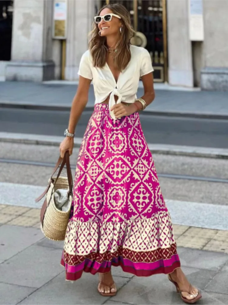 

Fashion Women Skirts New Casual All-match Skirt Loose Elastic Waist Floral Print Ethenic Style Boho Skirt LBohemian Style Skirt
