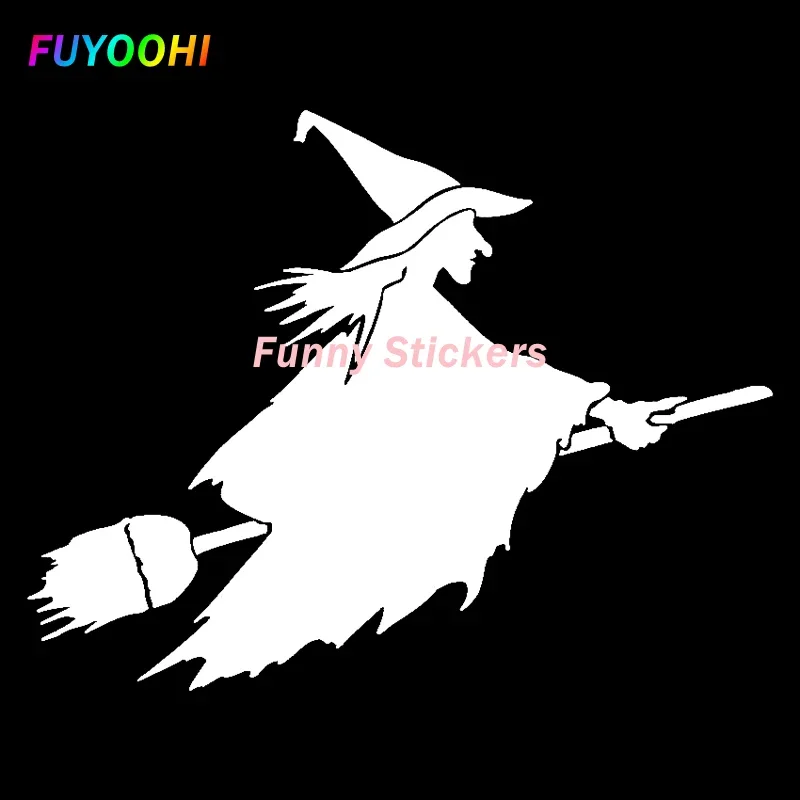 FUYOOHI Exterior/Protection Funny Stickers Lifelike Witch on Flying Broom Funny Vinyl Art Painting Car Stickers PVC Decor Decals