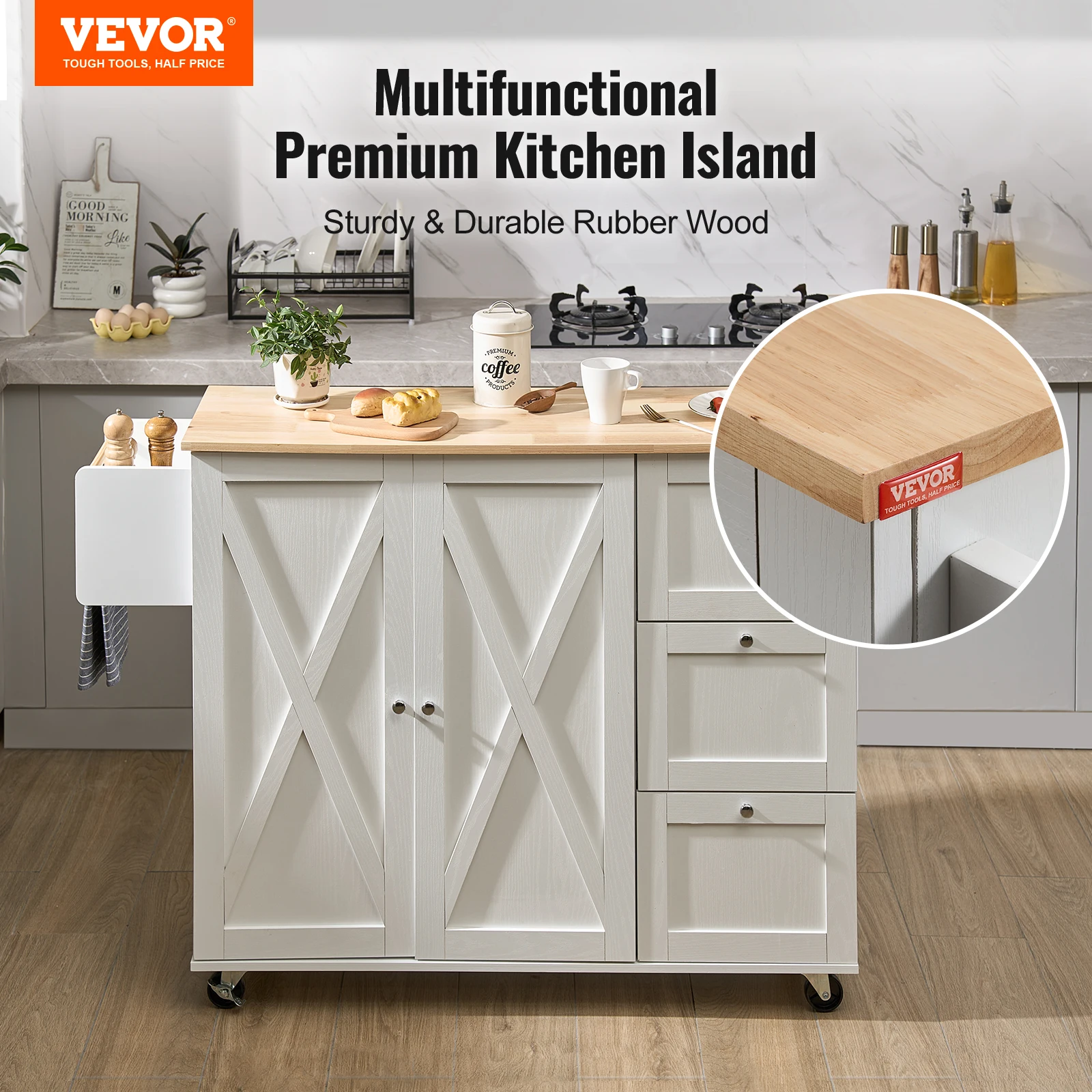 VEVOR 2-Door 1/2 3-Drawer White Mobile Kitchen Island Rubber Wood Desktop Rolling Kitchen Cart with Wheels for Home Bar Storage