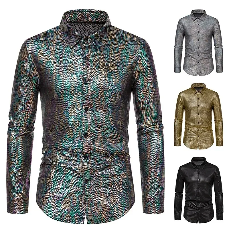 Spring and Autumn New Snake Skin Hot Stamped Stage Costume Banquet Fashion Men\'s Long Sleeved Shirt