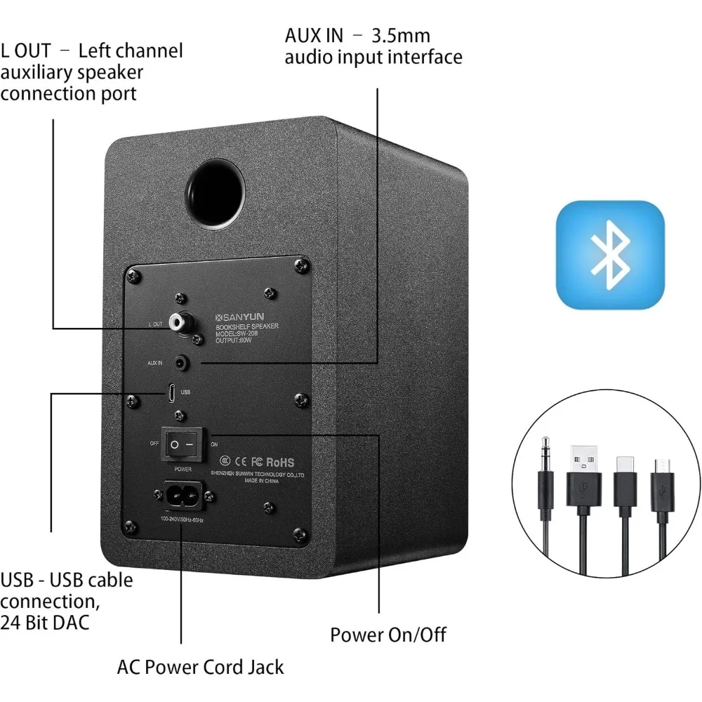 Altavoces de estantería activos Bluetooth 5.0 con controladores de fibra de carbono de 60 W, DAC de 24 bits y sonido envolvente dinámico 3D