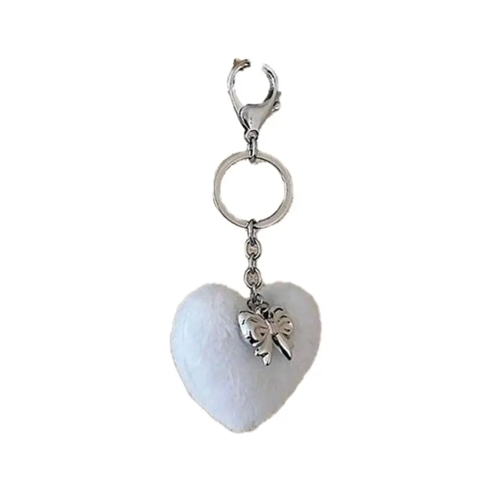 

Stylish Silver Bowknot Keychain Puffy Heart Delicate Hairy Heart Charm Y2K Style Black White Car Key Chain Bag Decoration