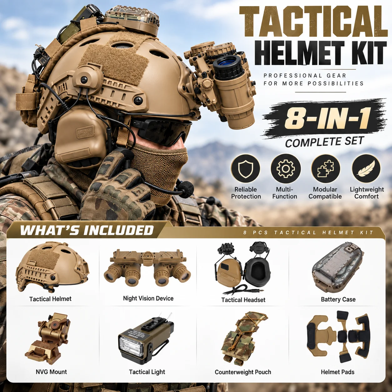 8-Piece Tactical Helmet Set Adjustable Helmet with Headset Signal Light NVG Model for Airsoft Cosplay Outdoor Training Gear