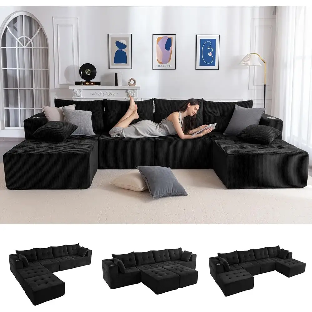 

6-Seat Sleeper Sofa with Ottomans, Cloud-Shaped Sectional in a Box, Ready to Use, Black