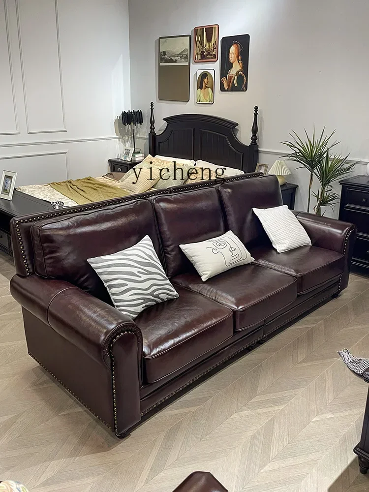 l3 American country leather sofa combination small apartment simple retro living room