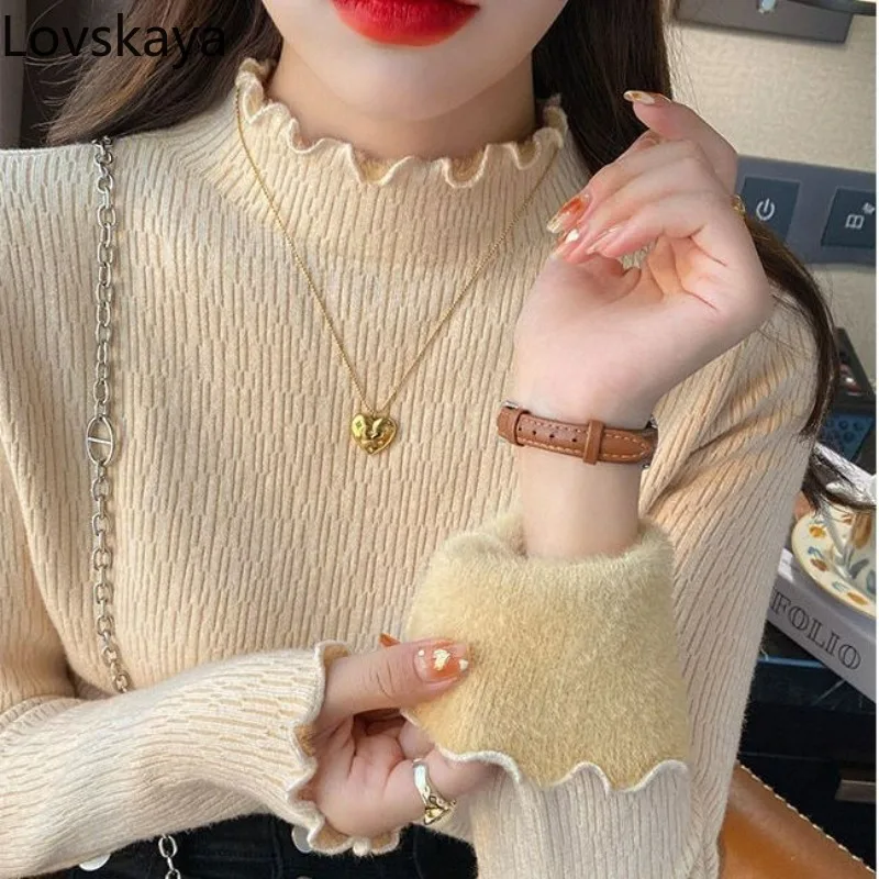 

New Versatile One piece Plush Underwear Knitwear with Wooden Ear Edge Half High Collar Bottom Sweater for Women