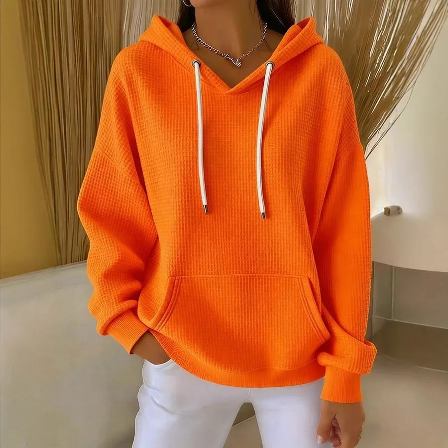 Women's Waffle Knit Hoodie Oversized Long Sleeve Pullover Sweatshirt with Pocket Casual Loose Fit Hooded Top