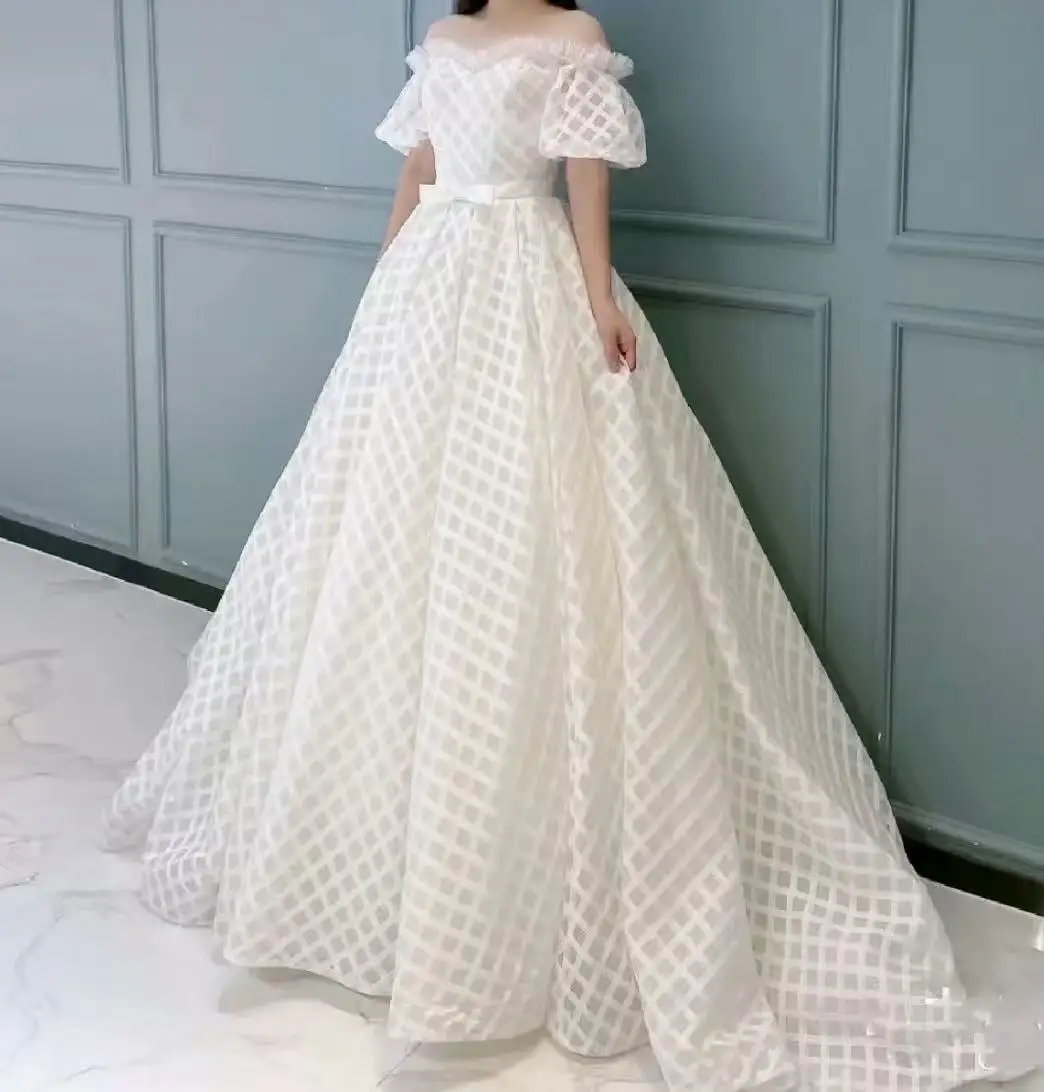 Customized Off the Shoulder Neckline High Quality A-line Bow Wedding Dresses Sweep Train Straps Back Tulle Lace Bridal Dress