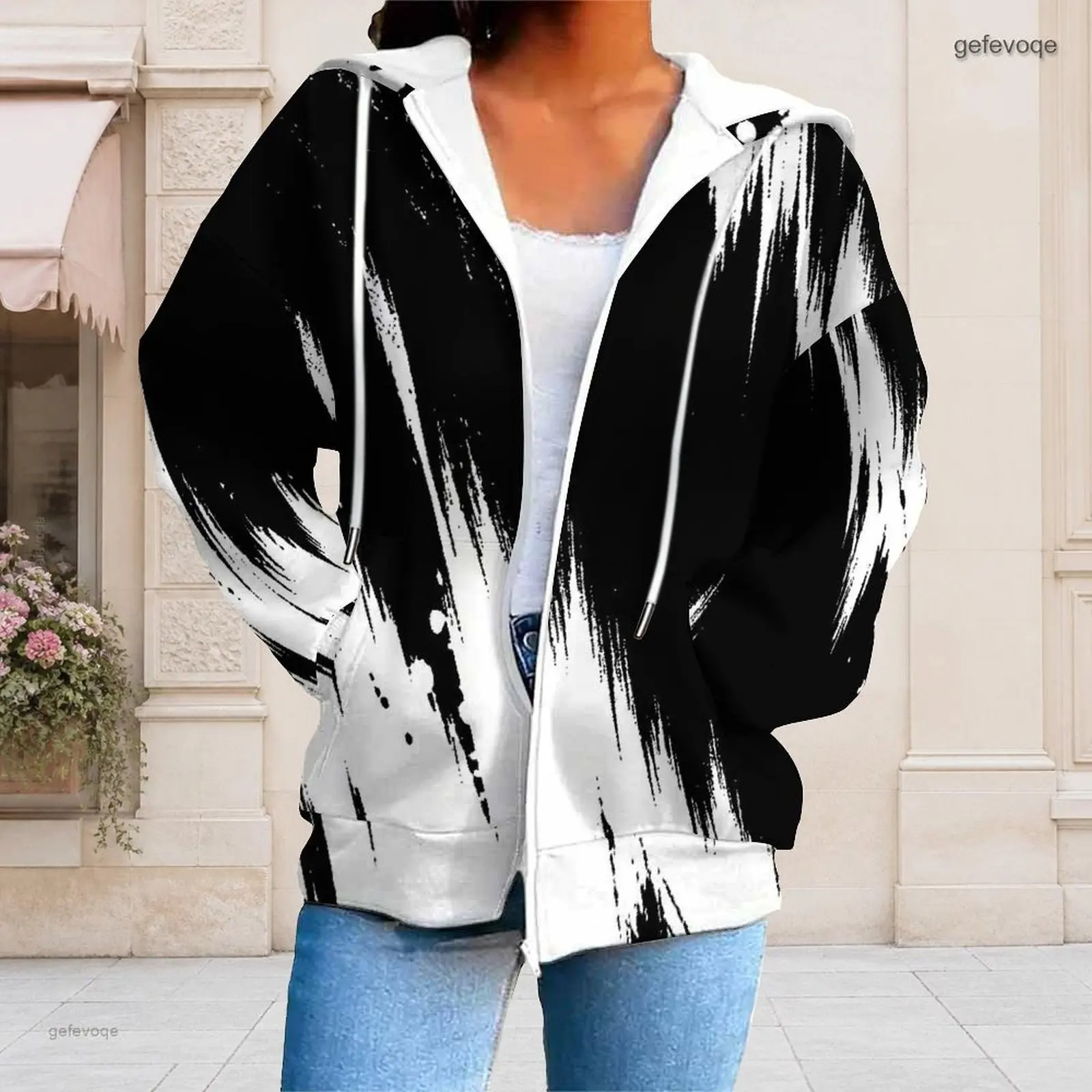 Autumn Printed Plus Size Outwear For Women Hooded Loose Plus Size Clothes Stylish Womens Clothing Daily Wear